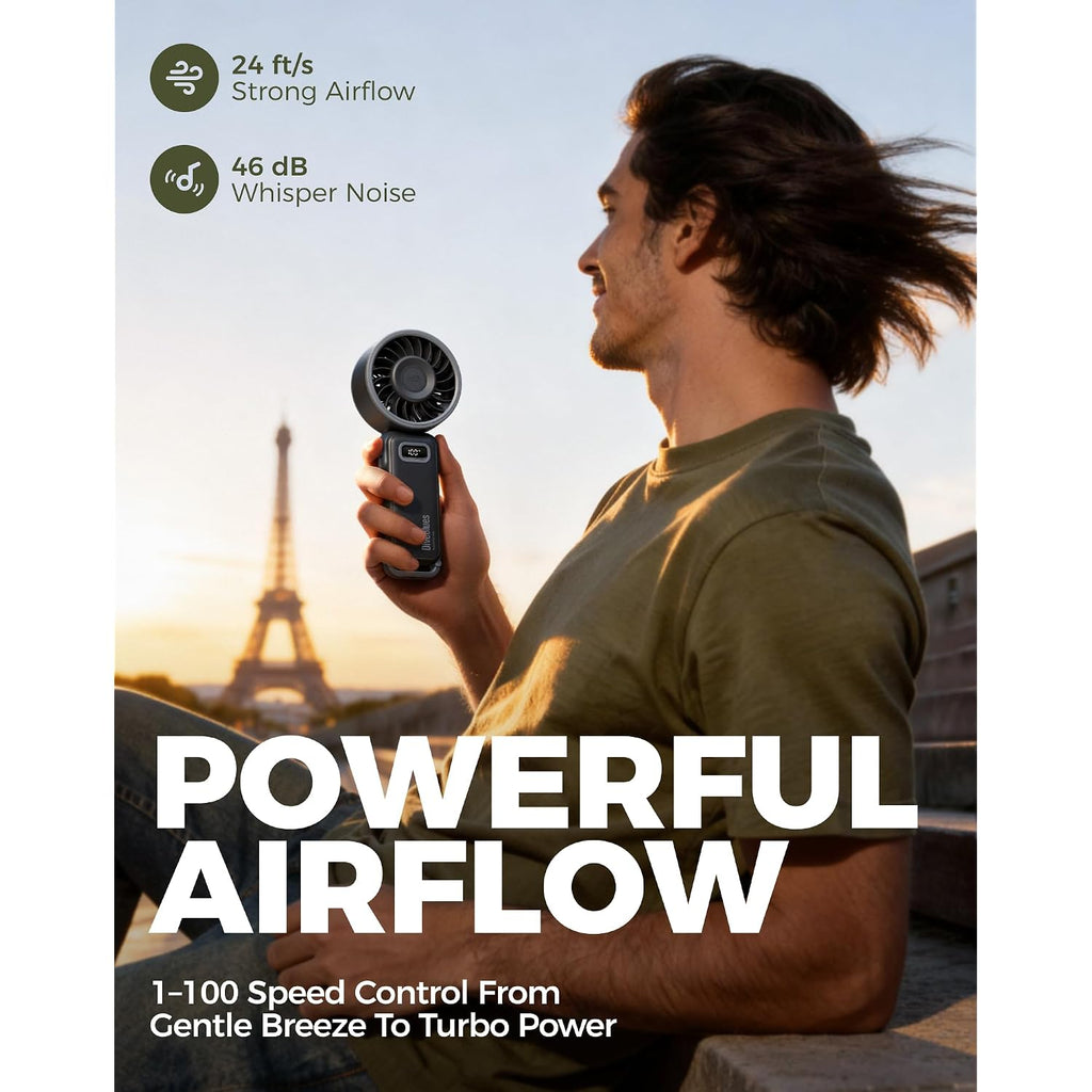 Diveblues Portable Turbo Fan, 100 Speed Handheld Fan With Strong Airflow, Foldable 4 In 1 Personal Fan For Neck, Desk & Travel, Usb-C Rechargeable, Lightweight For Summer, Concerts & Outdoor Use