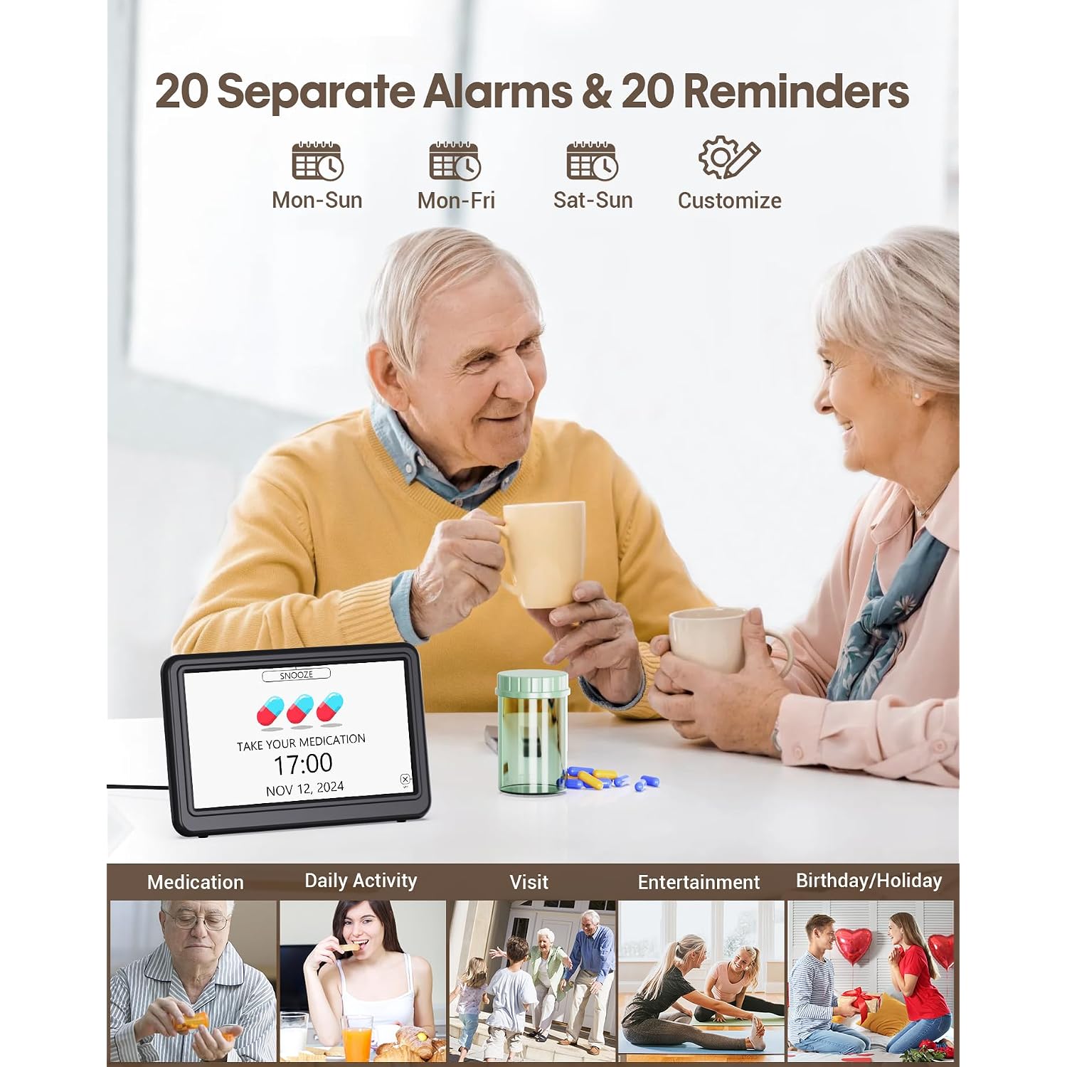Clock With Day And Date For Elderly, 7" Large Display Digital Calendar Day Clock With 20 Custom Alarms And Medicine Reminders, Dimmable Dementia Alzheimers Clocks For Seniors, Black (Ac Powered)
