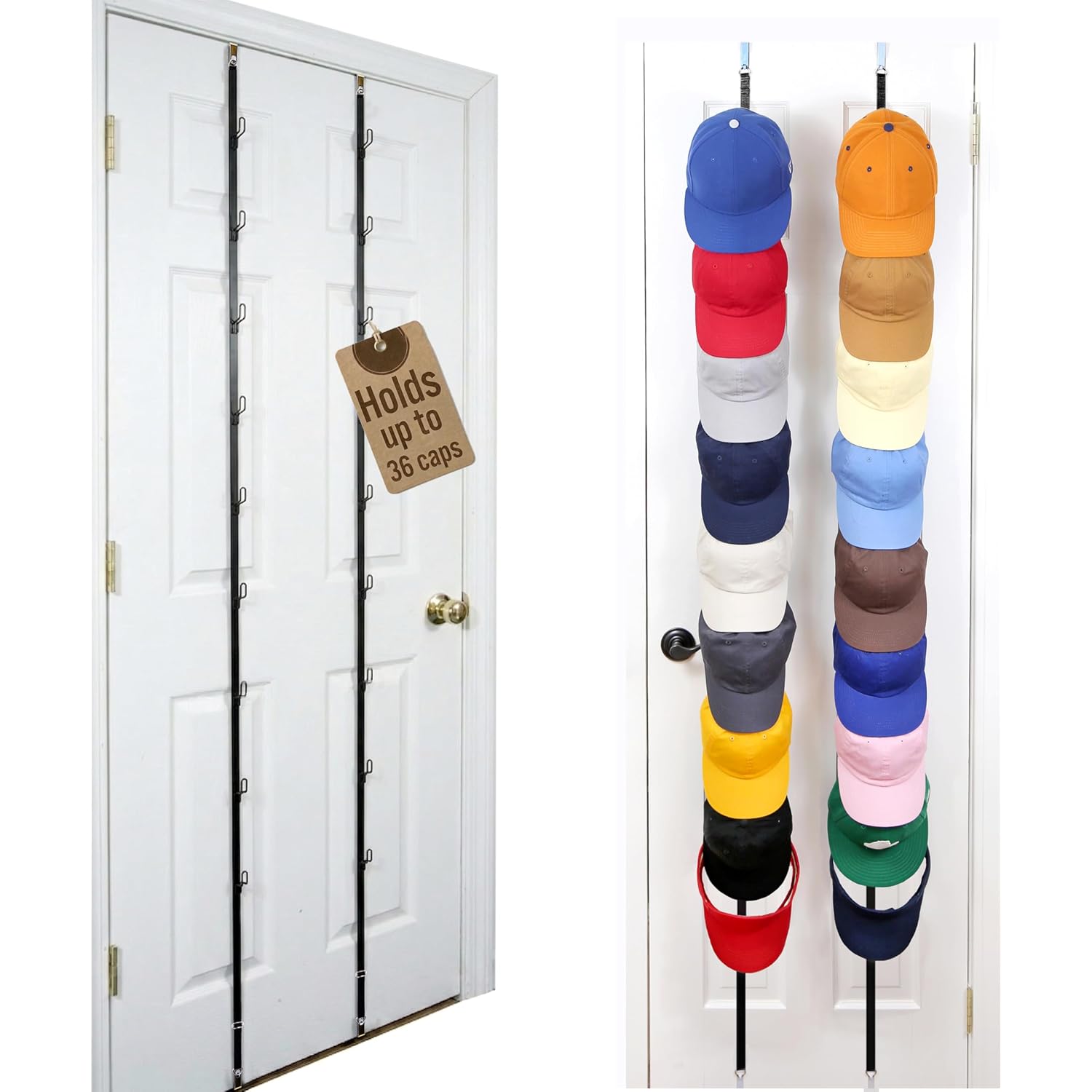 Perfect Curve Caprack | Over-The-Door Hat Organizer For Baseball Caps | 2 Straps, Holds 18-36 Adjustable Caps | Black