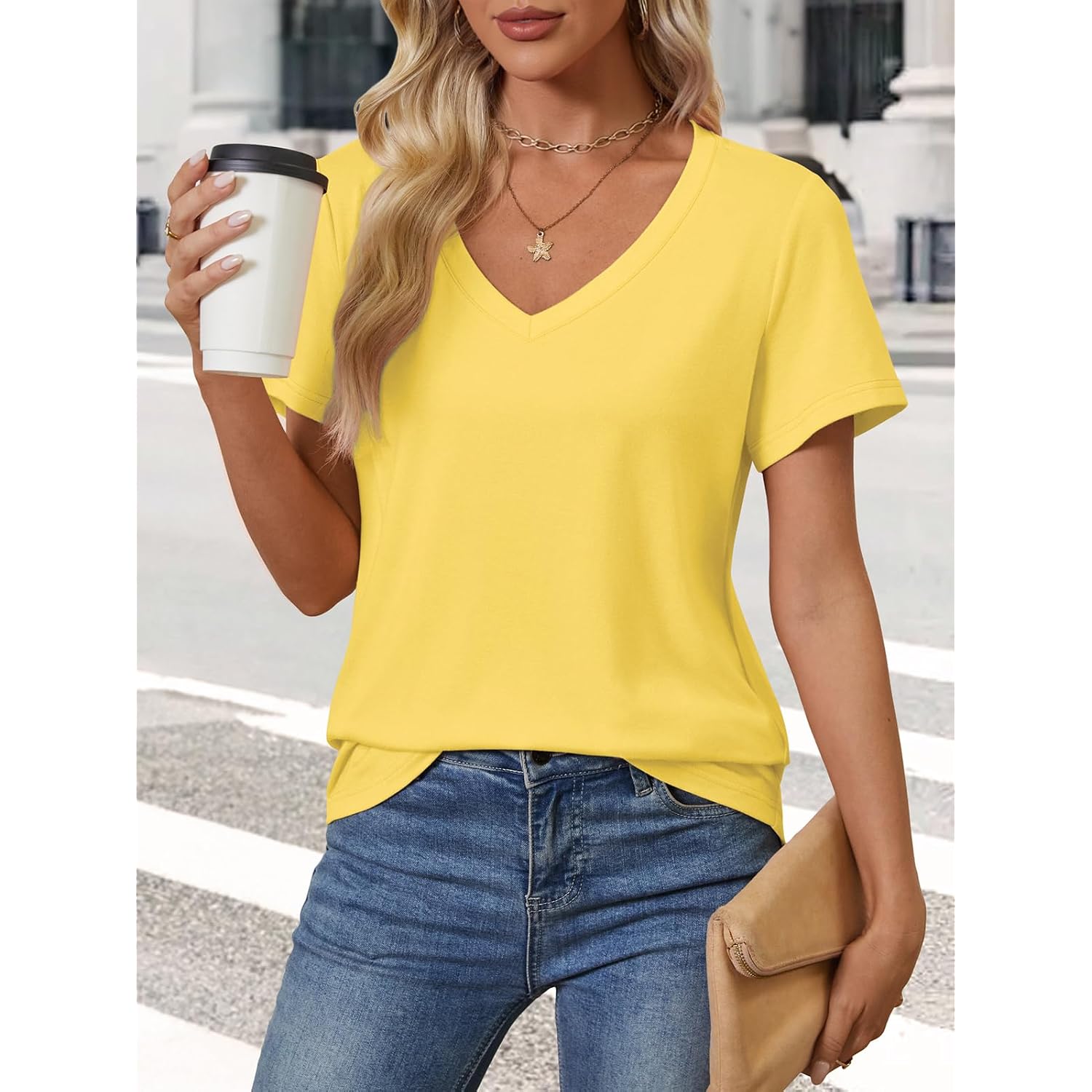 Athmile Womens V Neck Short Sleeve Summer T Shirts Curved Hem Plain Top Beach