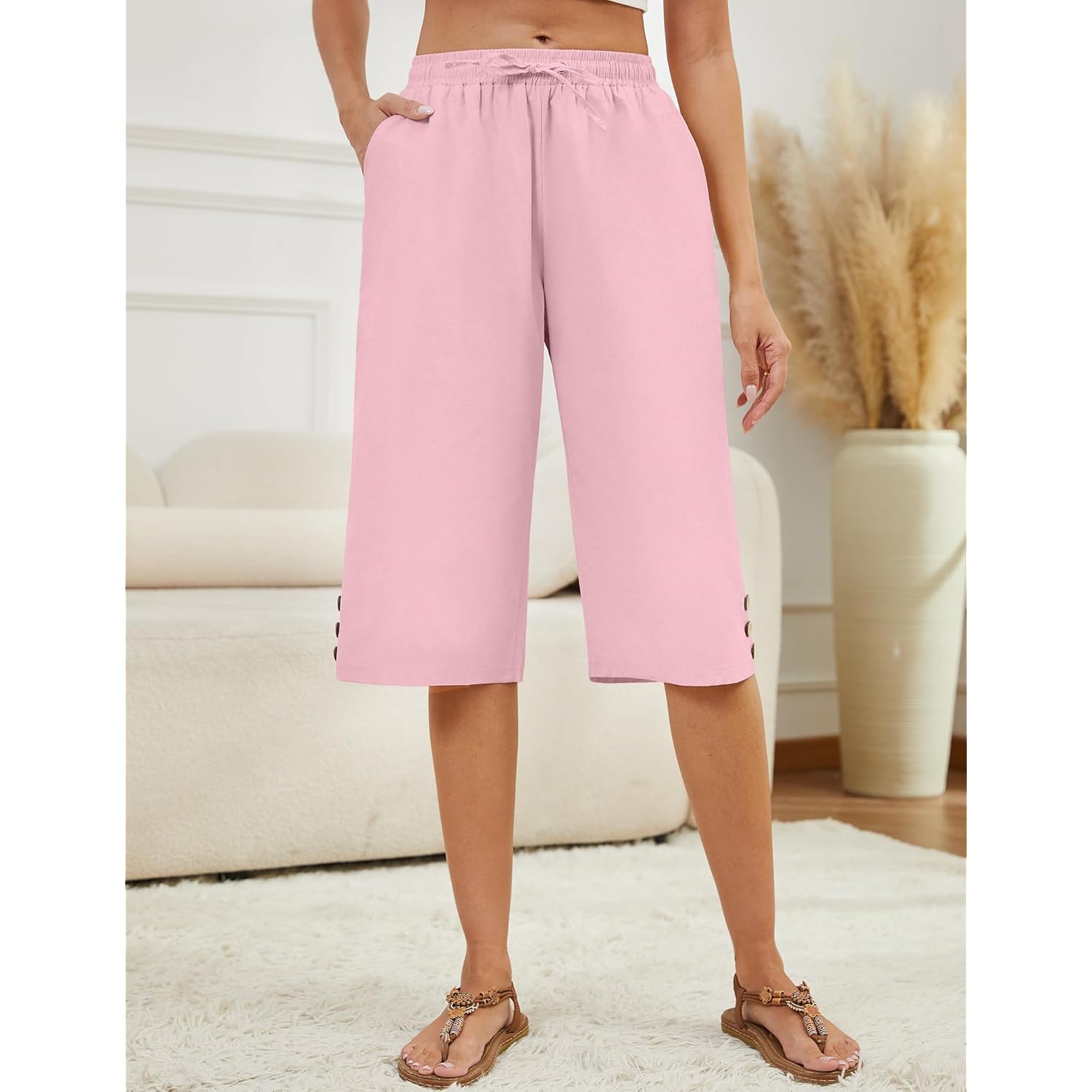 Womens Capris Pants High Waist Drawstring Comfy Casual Pants Lightweight Trousers Buttons with Pockets
