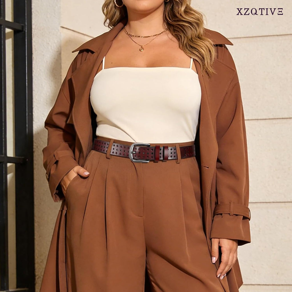 XZQTIVE Hollow Genuine Leather Belts for Women with Pin Buckle, Fashion Casual Waist Belt for Jeans Dress Pants