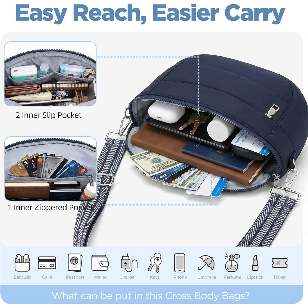 Crossbody Bag For Women, Lightweight Puffer Bum Bag With Rfid Blocking Pocket & Removable Coin Pouch, Hands-Free Travel Shoulder Bag For Everyday Vintage Blue