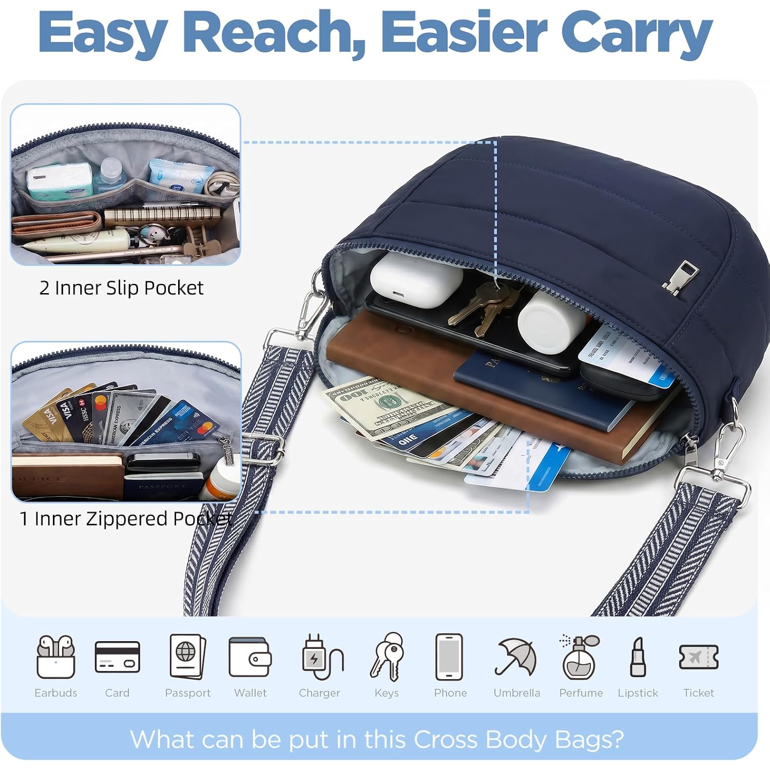 Crossbody Bag For Women, Lightweight Puffer Bum Bag With Rfid Blocking Pocket & Removable Coin Pouch, Hands-Free Travel Shoulder Bag For Everyday Vintage Blue
