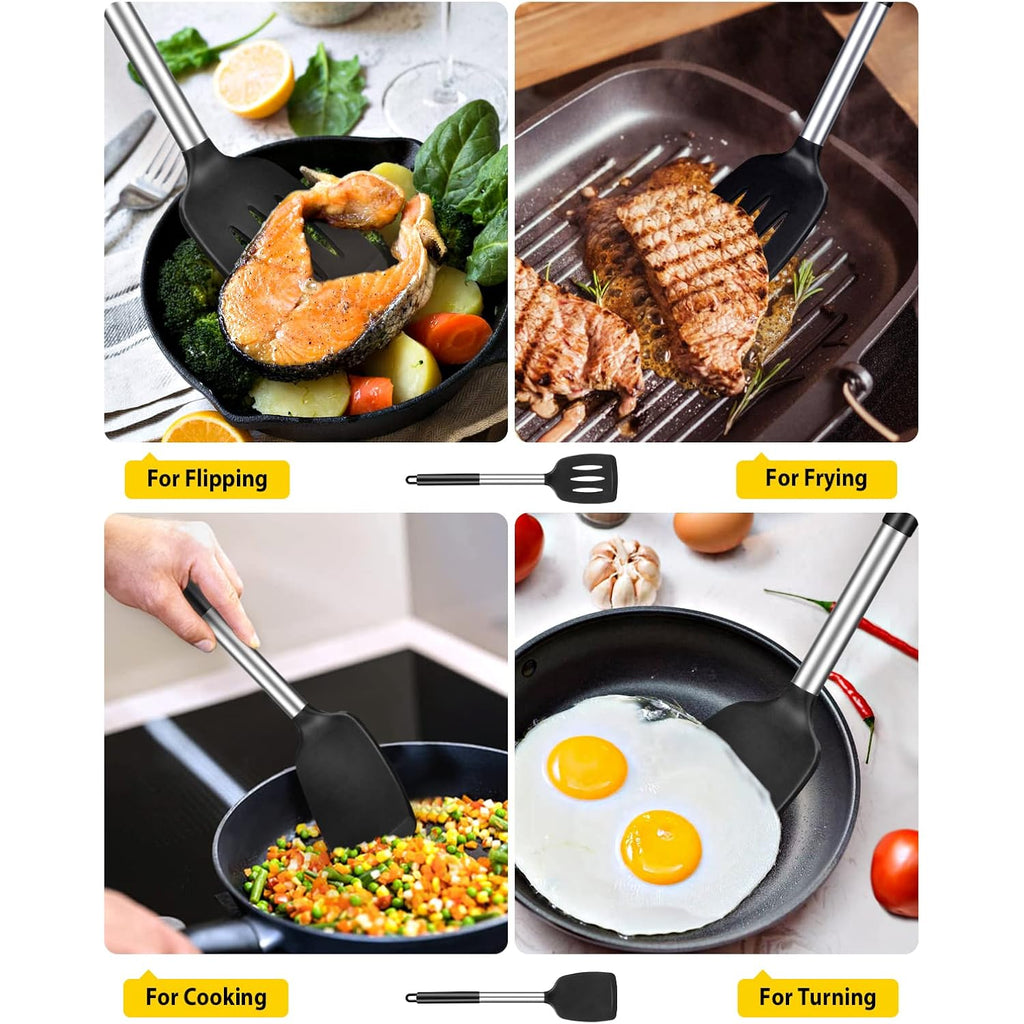 Pack Of 2 Silicone Solid Turner, Non Stick Slotted Kitchen Spatulas, High Heat Resistant Bpa Free Cooking Utensils, Ideal Cookware For Fish, Eggs, Pancakes(Black)