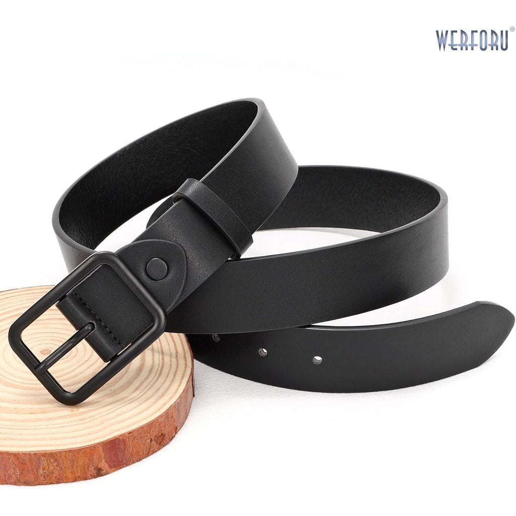 WERFORU Women Classic Black Leather Belt With Square Silver Buckle For Jeans Pants,1.3" width
