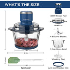 La Reveuse Food Processor,Electric Food Chopper With 7-Cup (1.7L) Glass Bowl, 4 Bi-Level Blades For Chopping,Grinding,Mincing,Whisking,Meal Prep,300W,Blue