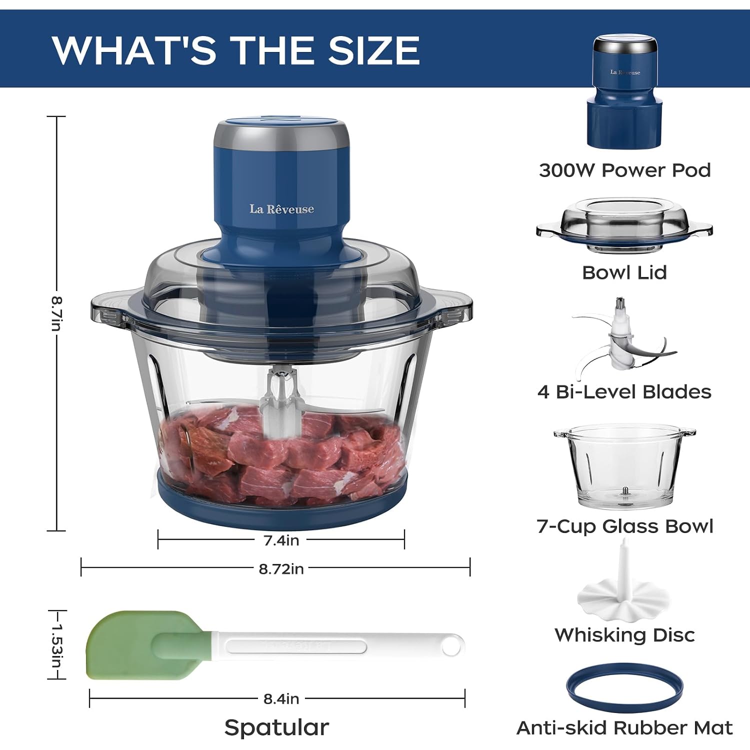 La Reveuse Food Processor,Electric Food Chopper With 7-Cup (1.7L) Glass Bowl, 4 Bi-Level Blades For Chopping,Grinding,Mincing,Whisking,Meal Prep,300W,Blue
