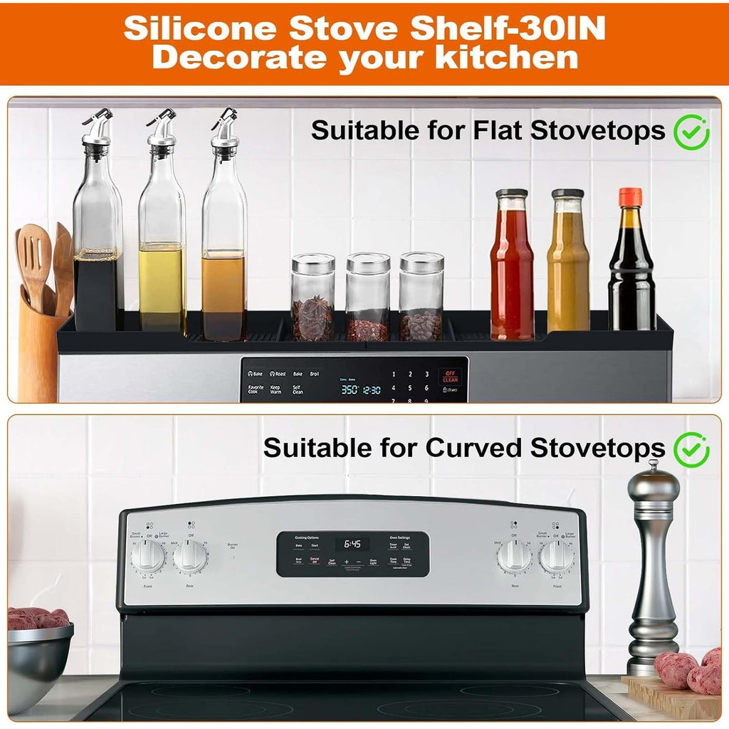 Stove Top Shelf 30 Inch - Silicone Material Magnetic Shelf For Stove - 3 Functional Partitions Kitchen Spice Rack Organizer-Black,Kitchen Gadgets Storage Organization