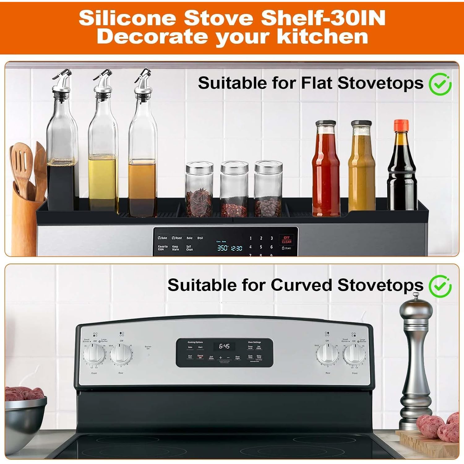 Stove Top Shelf 30 Inch - Silicone Material Magnetic Shelf For Stove - 3 Functional Partitions Kitchen Spice Rack Organizer-Black,Kitchen Gadgets Storage Organization