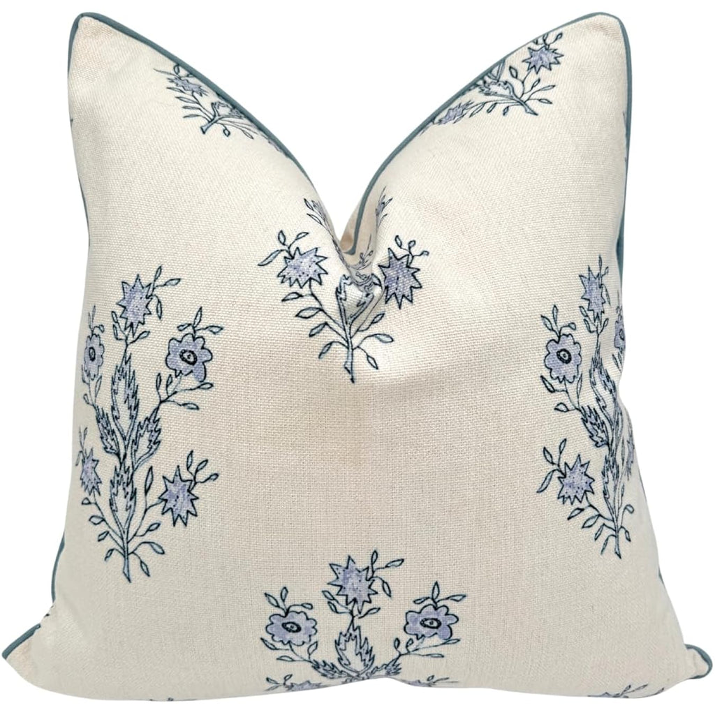 “The Mary” Blue And White Decorative Throw Pillow Cover – Floral Block Print Pillow Cover – Grandmillennial Home Decor, 19" X 19"