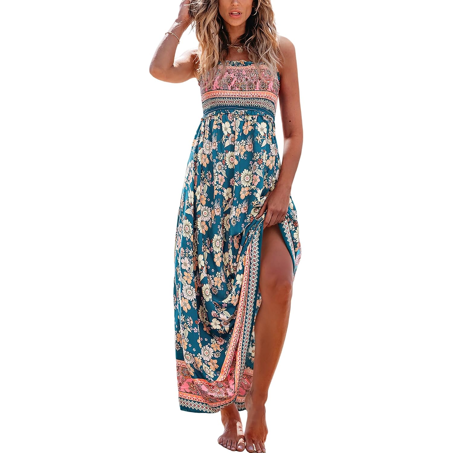 Cupshe Women Spaghetti Straps Boho Maxi Dress Summer Sleeveless Smocked Floral Beach Long Dress Flowy Cruise Vacation Outfits