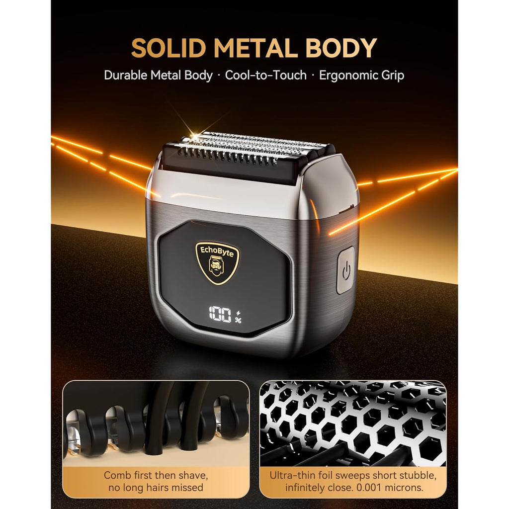 Full Metal Electric Foil Shaver for Men: 4 Floating Blades, IPX7 Waterproof Wet & Dry Mini Razor, 120-Min Runtime USB-C Rechargeable, Quiet Travel Groomer with LED Display & Travel Lock