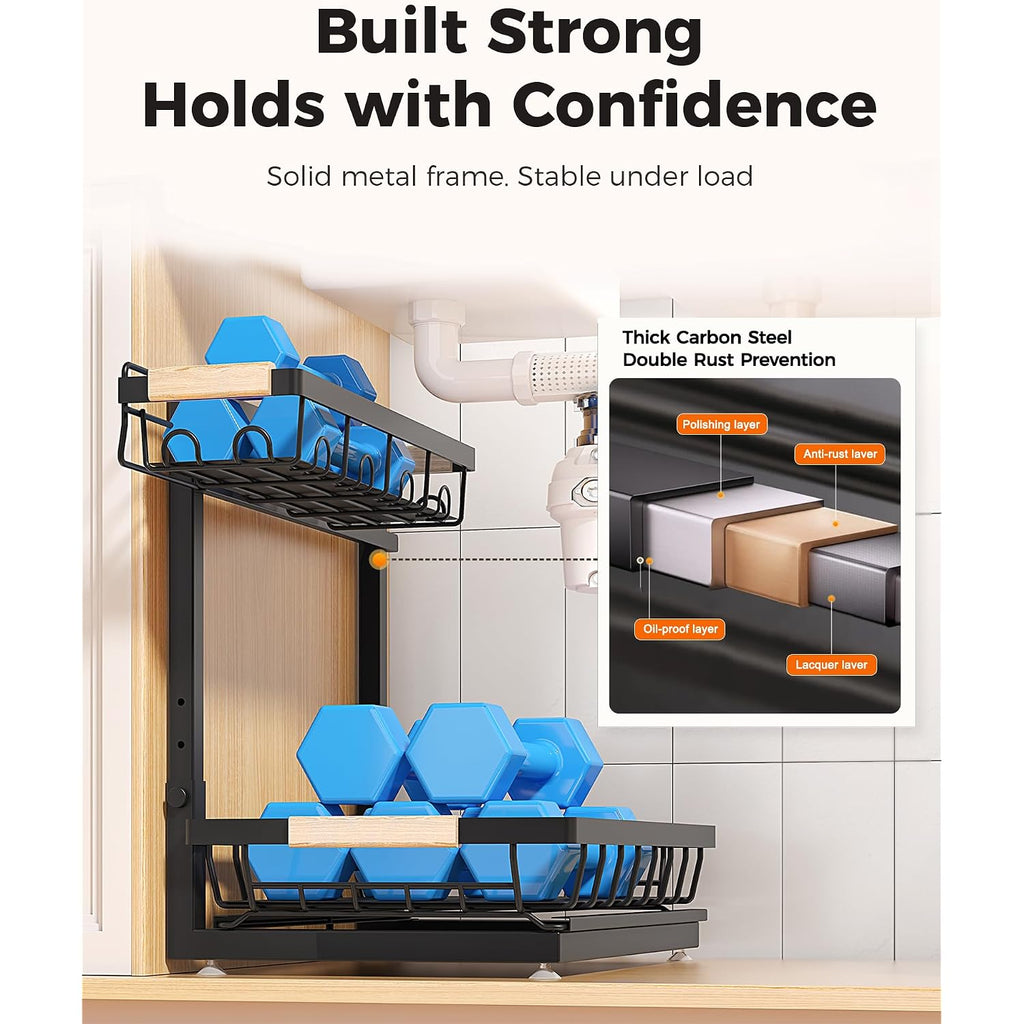 2-Pack 2-Tier Height Adjustable Under Sink Organizer & Storage | Multi-Purpose Storage For Kitchen & Bathroom Cabinet. Large Black Shelf, Height Adjustable Design For Space-Saving.