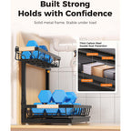 2-Pack 2-Tier Height Adjustable Under Sink Organizer & Storage | Multi-Purpose Storage For Kitchen & Bathroom Cabinet. Large Black Shelf, Height Adjustable Design For Space-Saving.