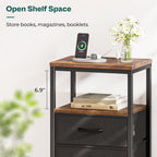 Huuger Nightstand with Charging Station, Side Table with Fabric Drawers, End Table with Open Shelf, Bedside Table with USB Ports and Outlets, Night Stand for Bedroom, Rustic Brown and Black