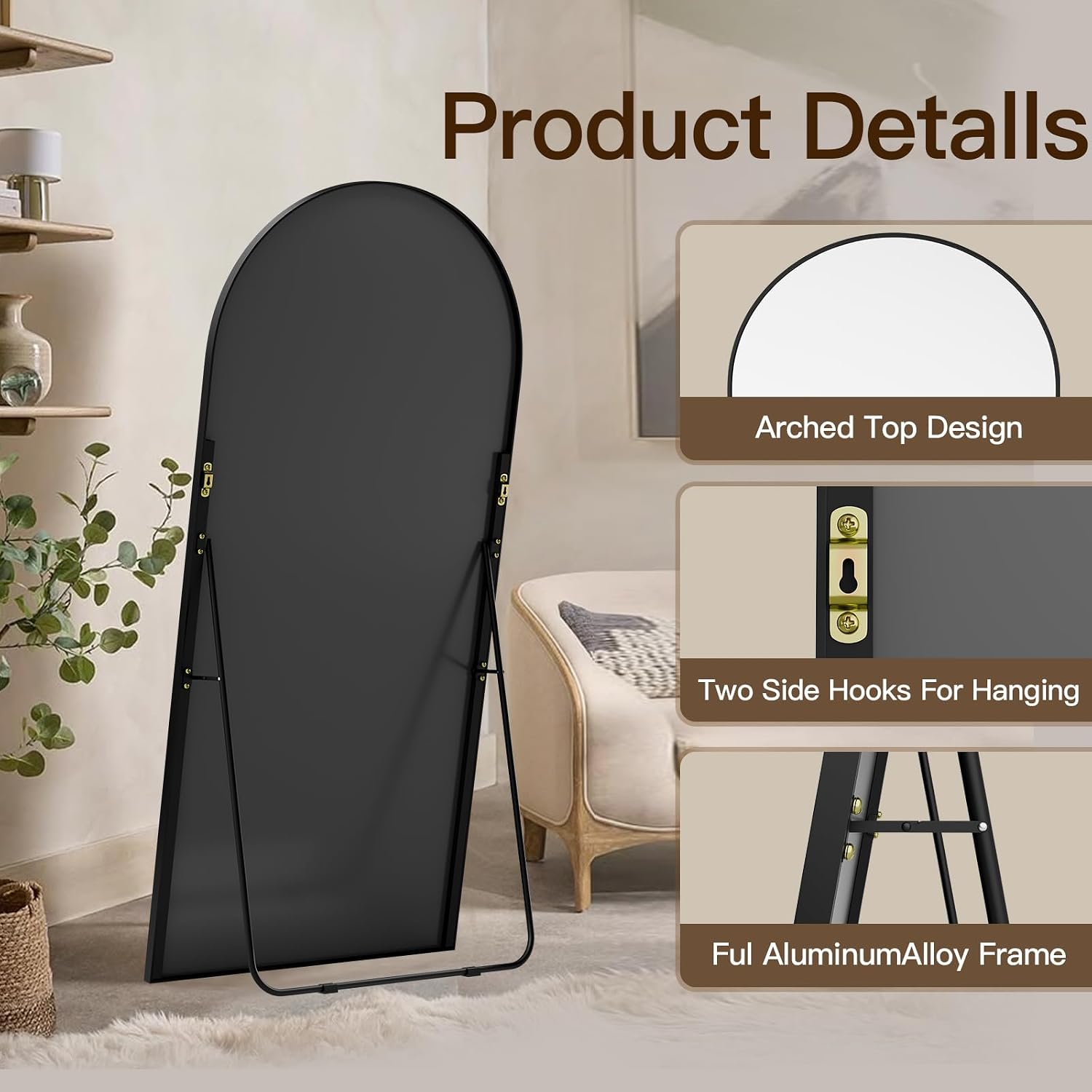 Sunqueen 76"X34" Floor Mirror Full Length, Arched Full Length Mirror With Stand, Full Body Mirrors For Bedroom Living Room Or Cloakroom Black