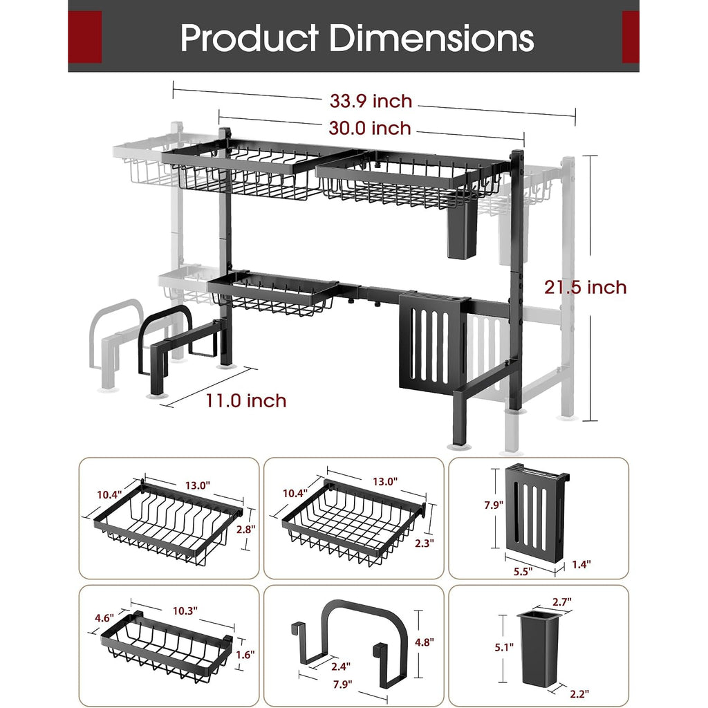 Over The Sink Dish Drying Rack - Adjustable 2 Tier Large Capacity Stainless Steel Drainer With Cutlery & Utensil Holders, Kitchen Storage & Organization, 30"-33.9" L X 11" W X 21.5" H, Black