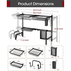 Over The Sink Dish Drying Rack - Adjustable 2 Tier Large Capacity Stainless Steel Drainer With Cutlery & Utensil Holders, Kitchen Storage & Organization, 30"-33.9" L X 11" W X 21.5" H, Black