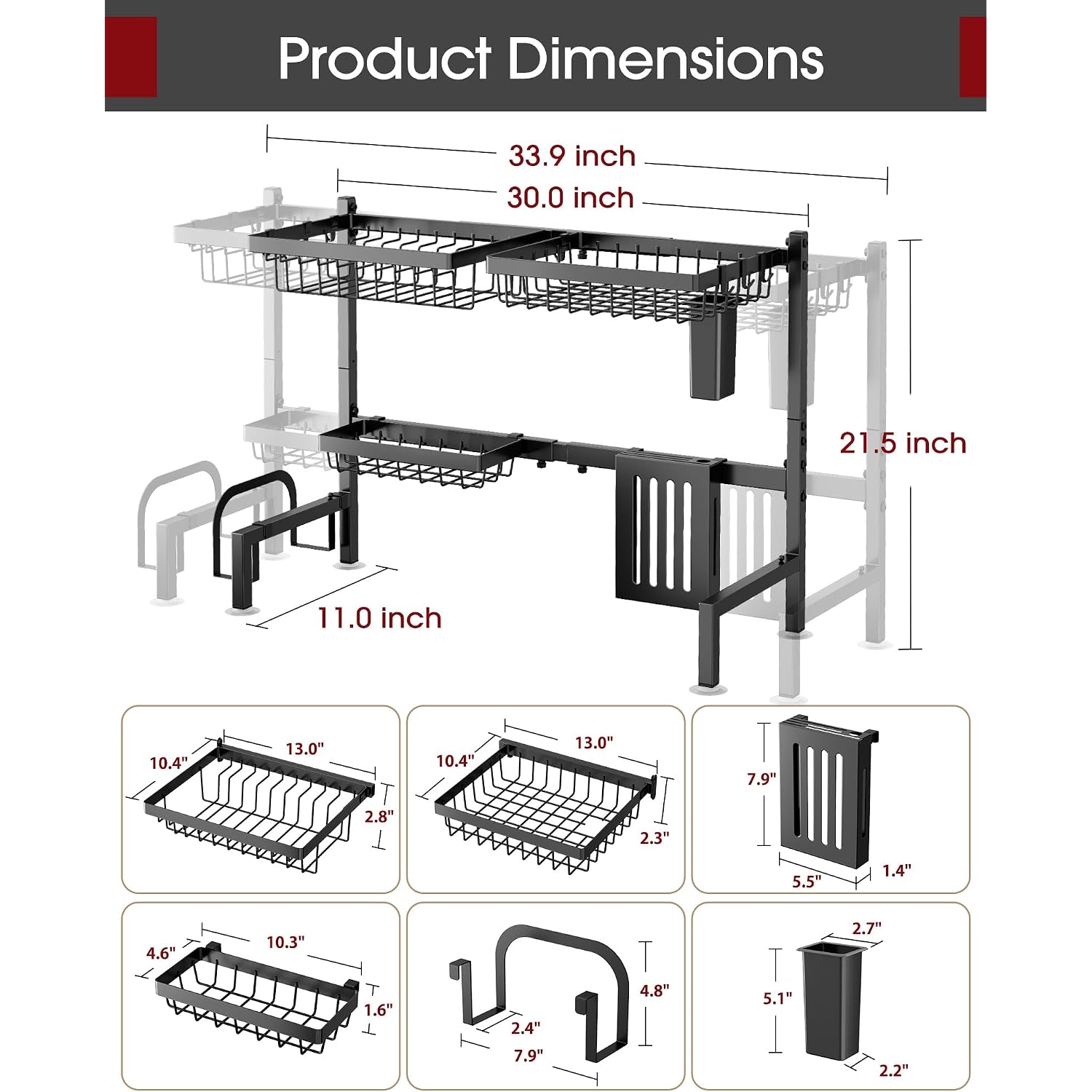Over The Sink Dish Drying Rack - Adjustable 2 Tier Large Capacity Stainless Steel Drainer With Cutlery & Utensil Holders, Kitchen Storage & Organization, 30"-33.9" L X 11" W X 21.5" H, Black