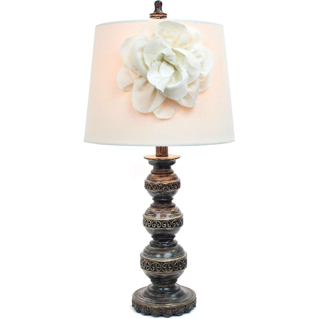 Elegant Designs Lt3097-Wht Stacked Ball Lamp With Couture Linen Flower Shade, Aged Bronze