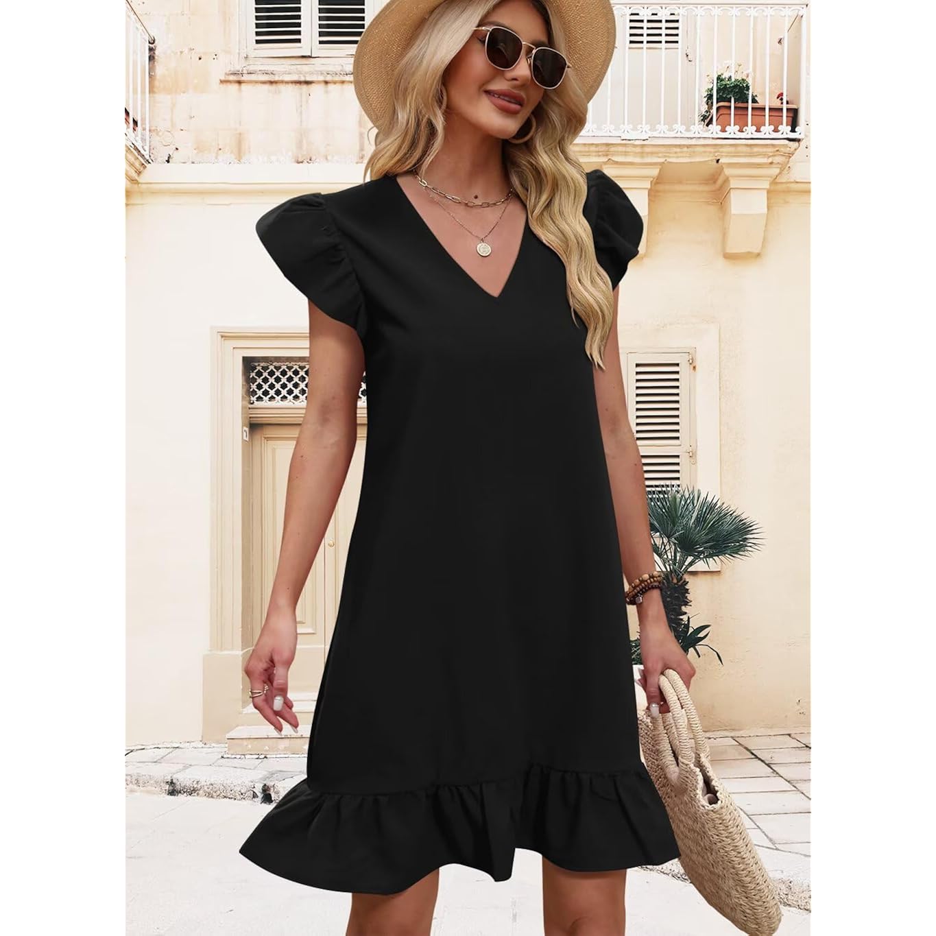 Qacohu Spring Summer Dresses For Women 2026 V Neck Cap Sleeve Ruffle Hem Smock Short Casual Beach Dress