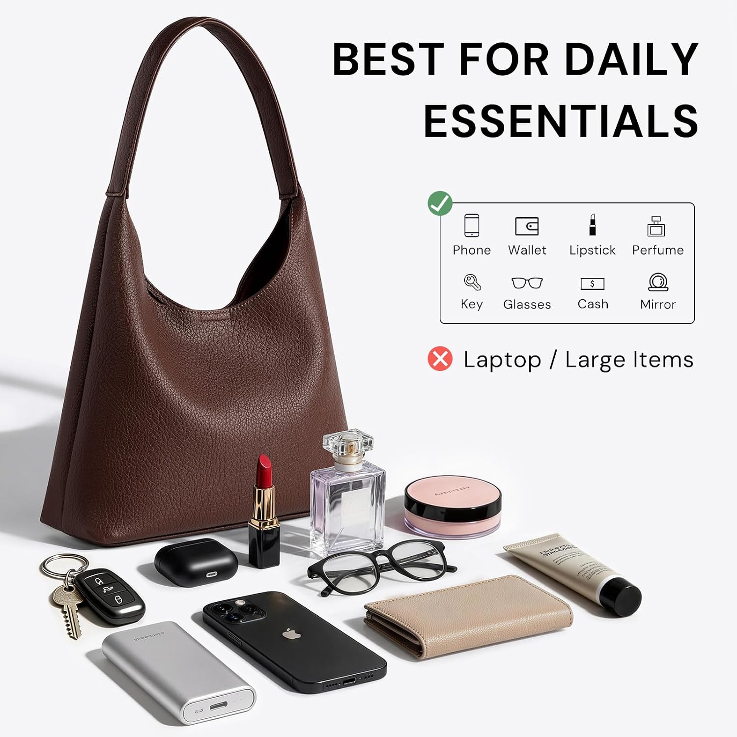 Hobo Bags For Women, Small Slouchy Hobo Purse, Soft Vegan Leather Shoulder Bag Trendy Everyday Tote Handbag, 11'' (28Cm)