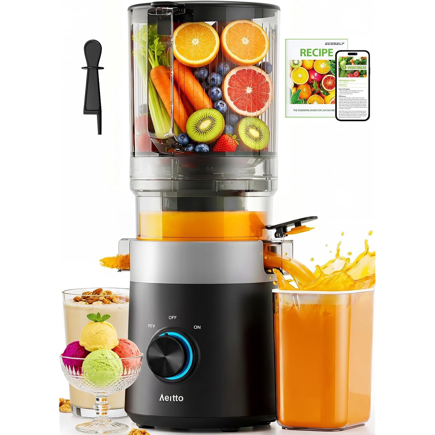 Aeitto Easy to Clean Juicer Machines With Filter-Free Design, 3-in-1 Cold Press Juicer (For Juice/Sorbet/Nut Milk), 6.0" Extra Large Chute For Whole Fruits & Vegetables, Large Capacity, With Pusher