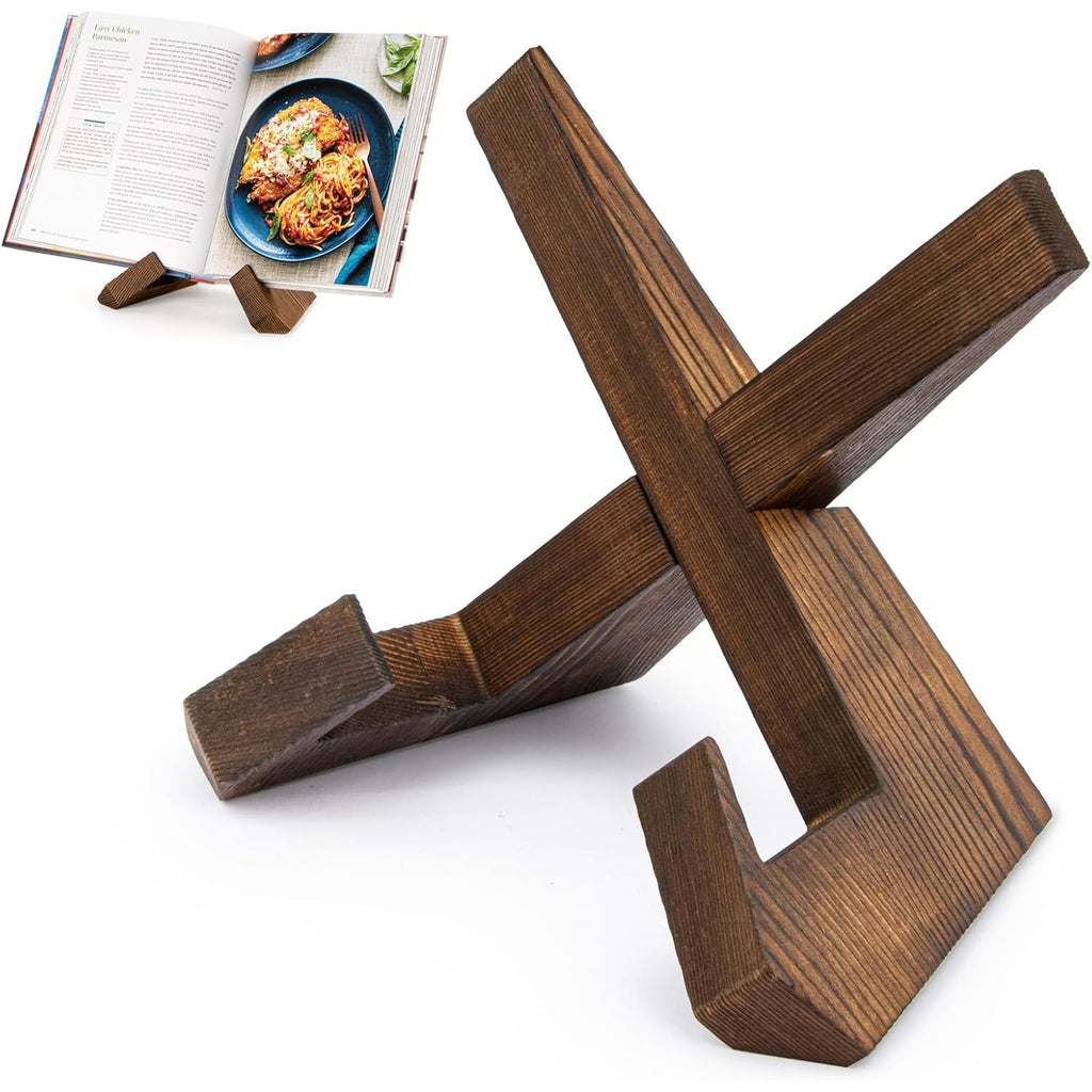Cookbook Stand For Kitchen, Recipe Book Holder For Kitchen Counter, Wooden Cookbook Holder, Rustic Cook Book Holder Stand - Rustic Brown - 1 Set