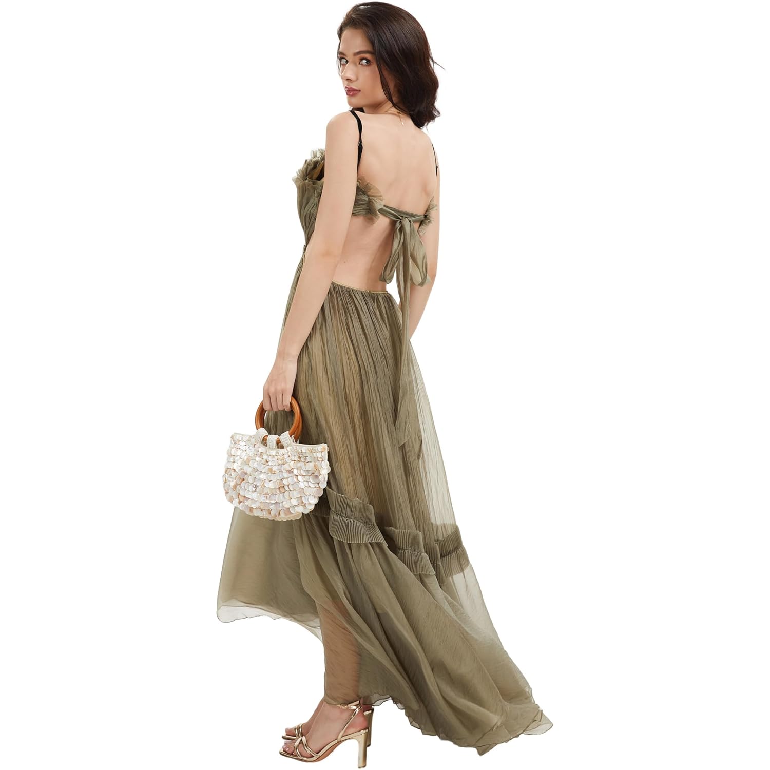 Miuco Shell Purse For Women Handmade Seashell Beaded Clutch Beach Wooden Top Handle Bag