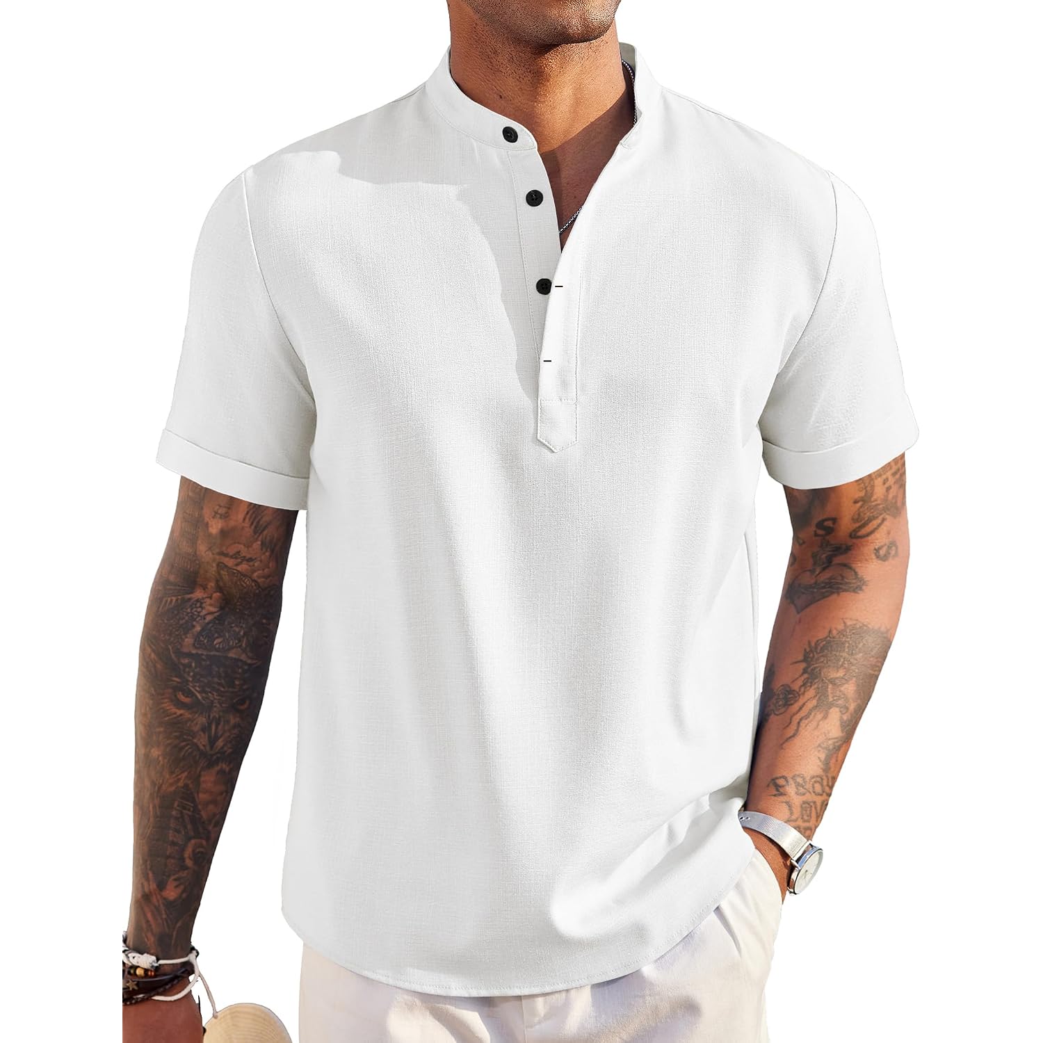Coofandy Men'S Linen Henley Shirt Short Sleeve Casual Summer Beach Hippie T Shirts