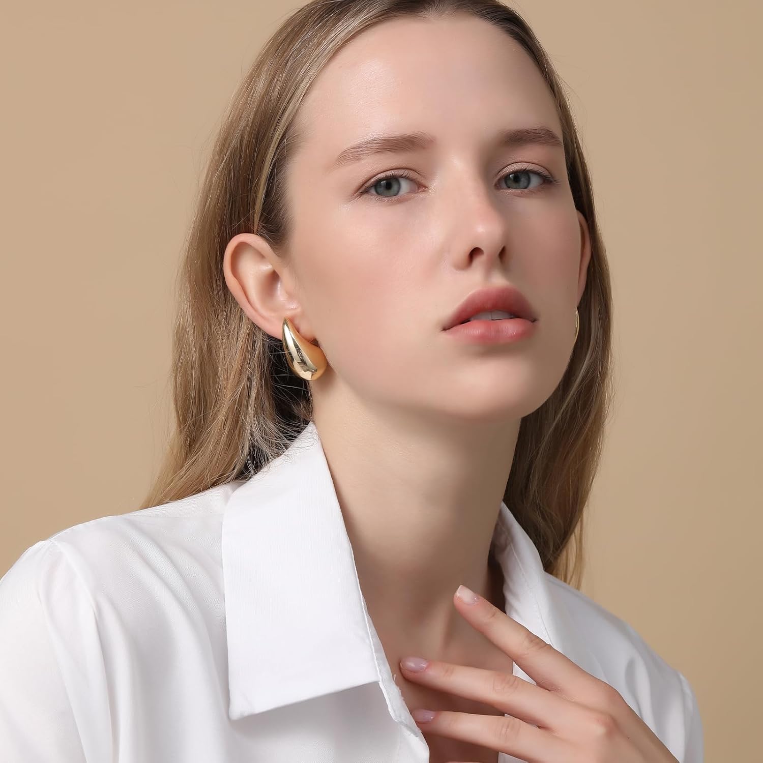 Apsvo Chunky 14K Gold Plated Hoop Earrings for Women, Lightweight Waterdrop Hollow Open Hoops, Hypoallergenic Dupes Earrings