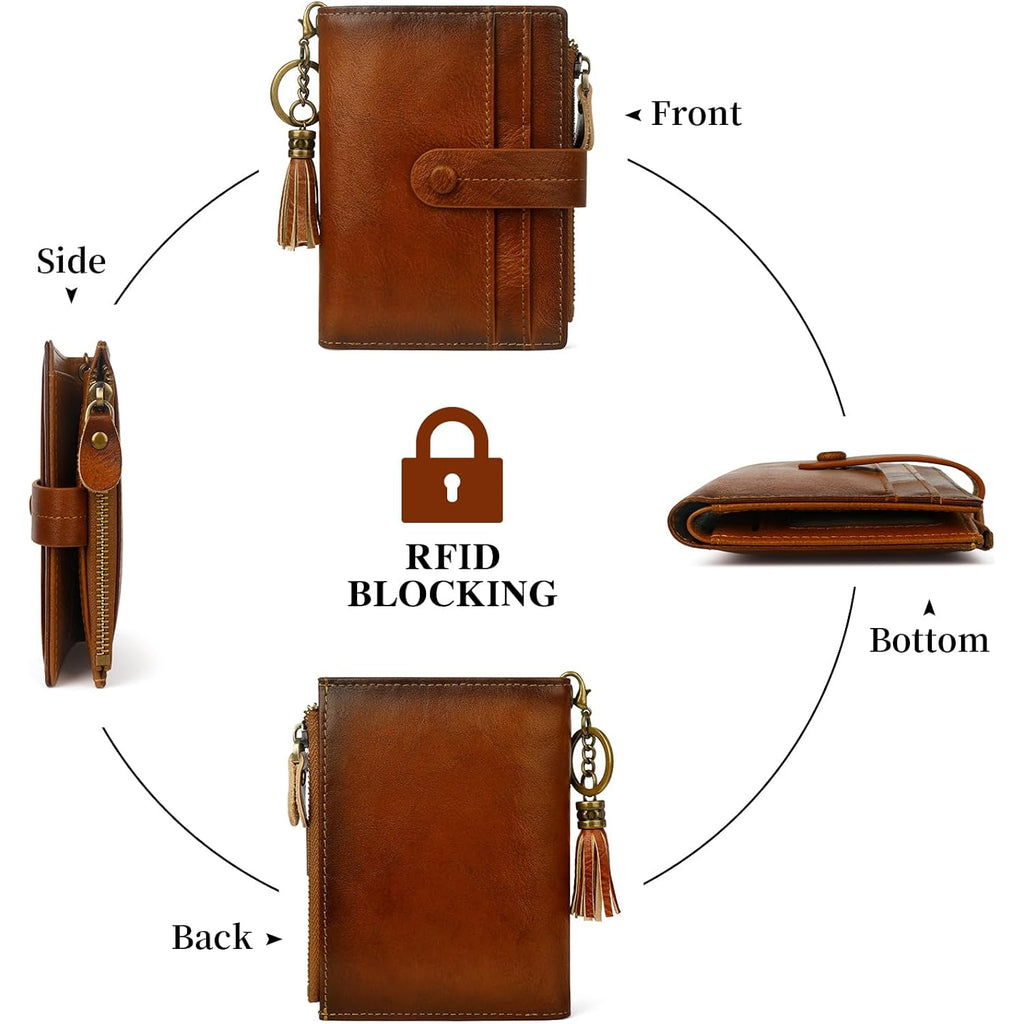 Leather Wallet Women,Rfid Blocking Small Wallets For Women Compact Bifold Slim Wallet Card Holder With Zipper Coin Pocket Brown