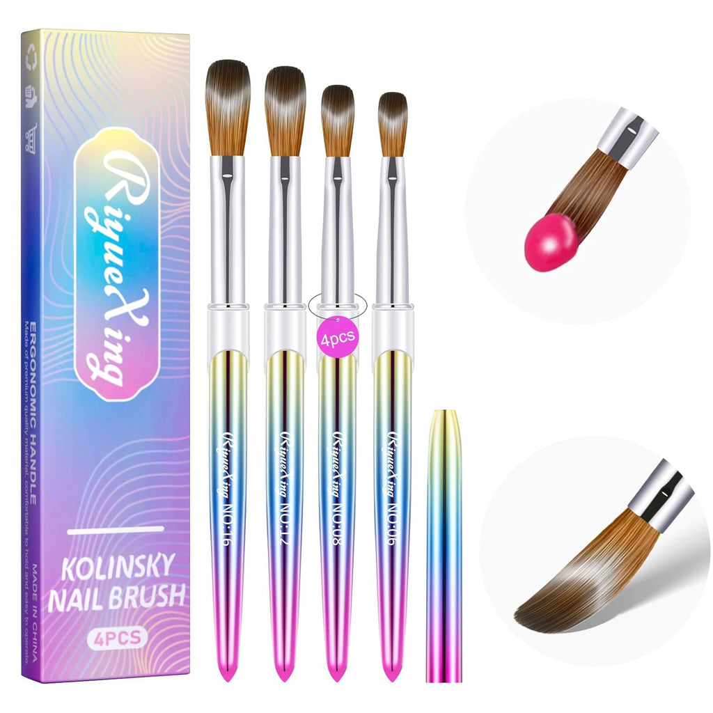 4PCS Acrylic Nail Brush Set, 6/8/12/16. Kolinsky Nail Art Brushes for Application, Sturdy Handle Oval Shaped Acrylic Powder Nails Design Tools for Professional Manicure DIY