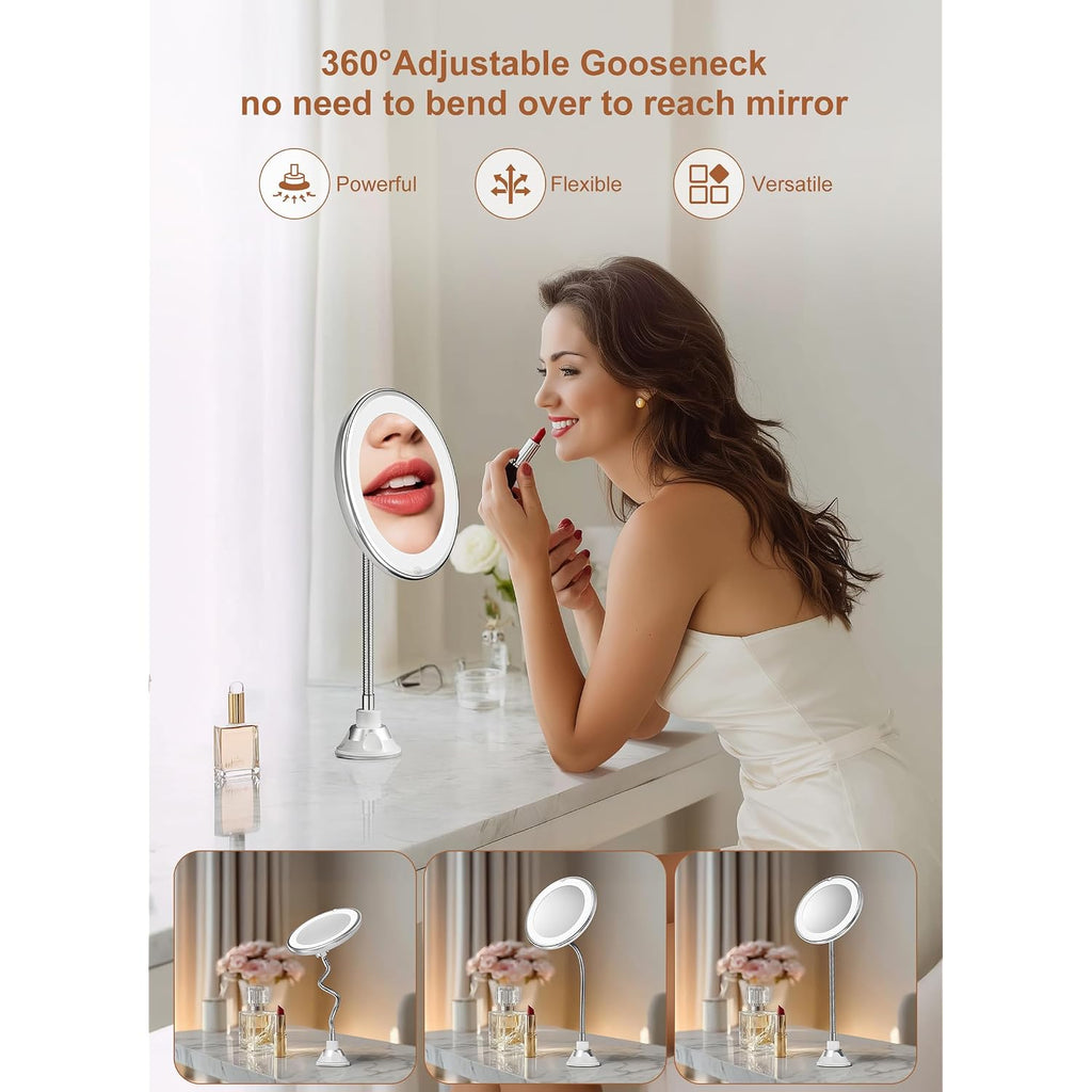 10X Magnifying Mirror With Light, Flexible Gooseneck Travel Make Up Mirror | Wall Mount Mirror With Lights And Magnification, Battery Operated Cordless With Suction Cups For Bathroom Silver 1 Lighting