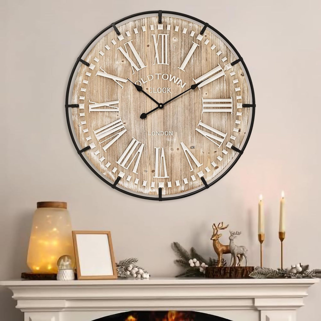 Emax Home 30 Inch Extra Large Wall Clock - Farmhouse Rustic Wood & Metal Design Silent Non-Ticking Battery Operated Decorative Oversized Clock For Living Room, Kitchen, Office & Bedroom