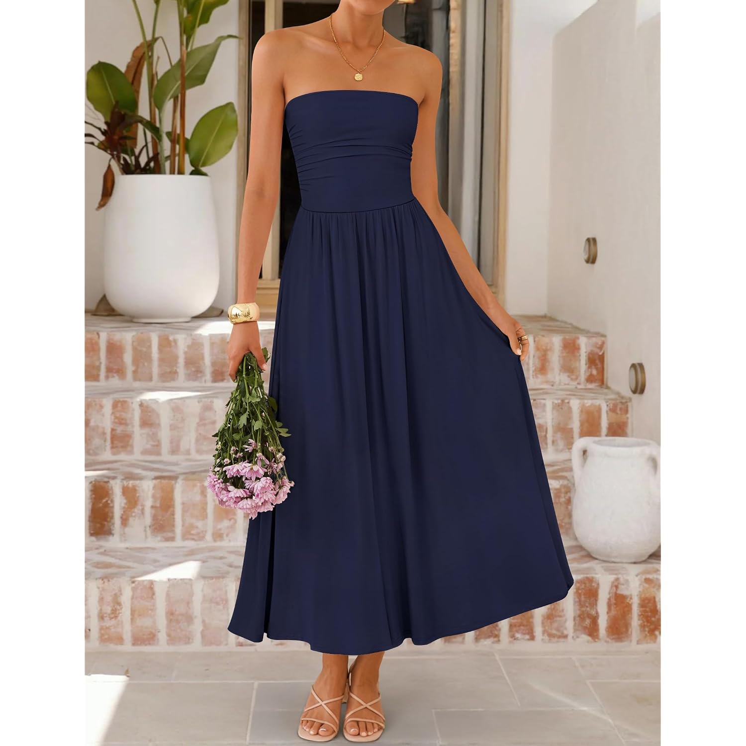 Zesica Women'S Summer Sleeveless Midi Dress 2026 Strapless Ruched A Line Flowy Wedding Guest Party Beach Long Dresses