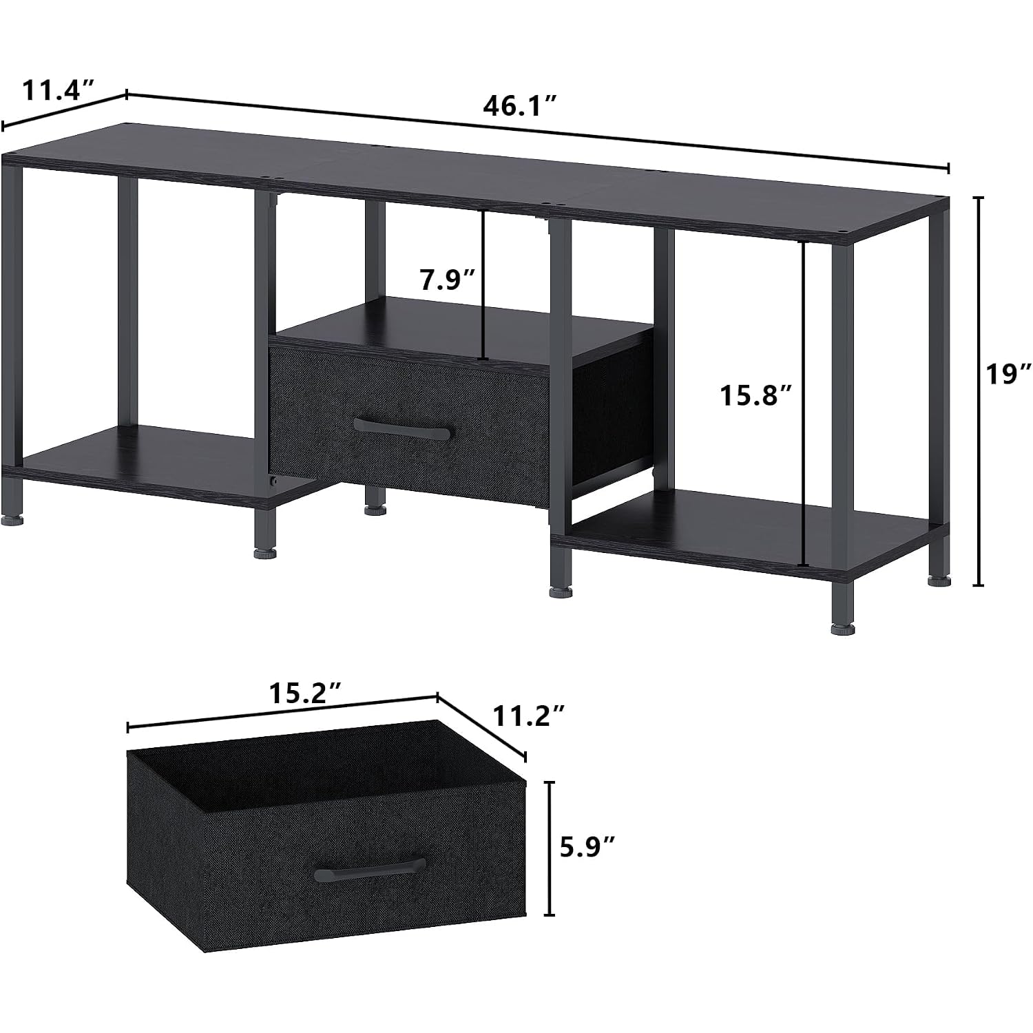 Tv Stand With Led Lights, Entertainment Center With Open Shelves And Fabric Drawer, Media Console For 55 Inch Tv, Television Stands For Living Room, Bedroom, Black