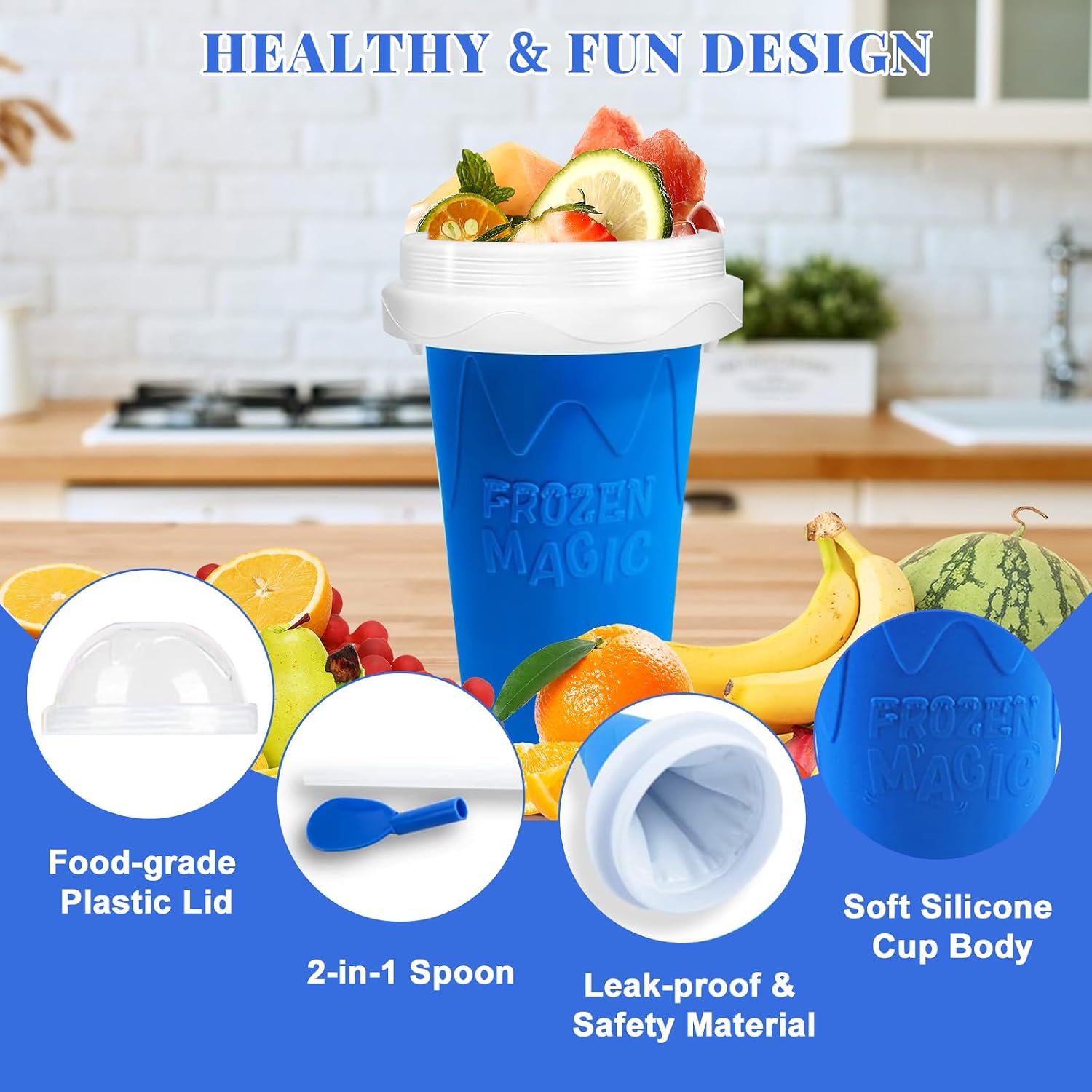 Slushie Cup, 2 Pack Slushy Maker Cup, Diy Magic Squeeze Cups For Juice Milk Yogurt Ice Cream Make, Frozen Cooling Cup With Lid & Straw Cool Stuff Things For Kids Friends Family (Blue+Pink)