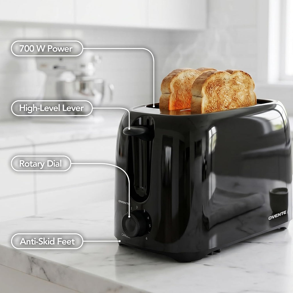 Ovente Electric 2 Slice Toaster Machine With 6-Shade Browning Selector Setting, Compact Design And Removable Crumb Tray, 700W Power Perfect For Toasting Bread, Thin Bagels And Waffles, Black Tp2210B