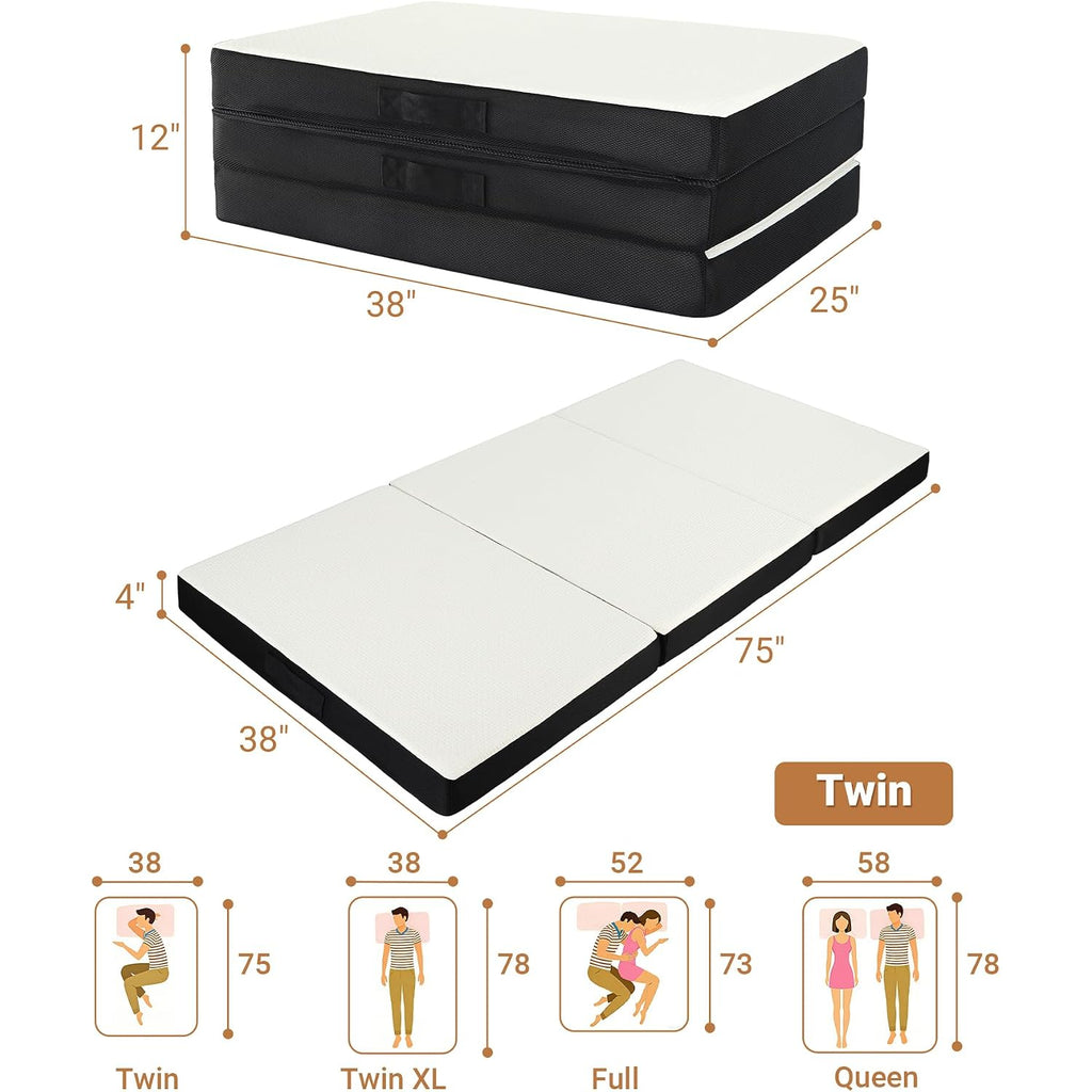 Foldable Mattress Twin Memory Foam Tri Folding Pad Washable, 75X38X4" White