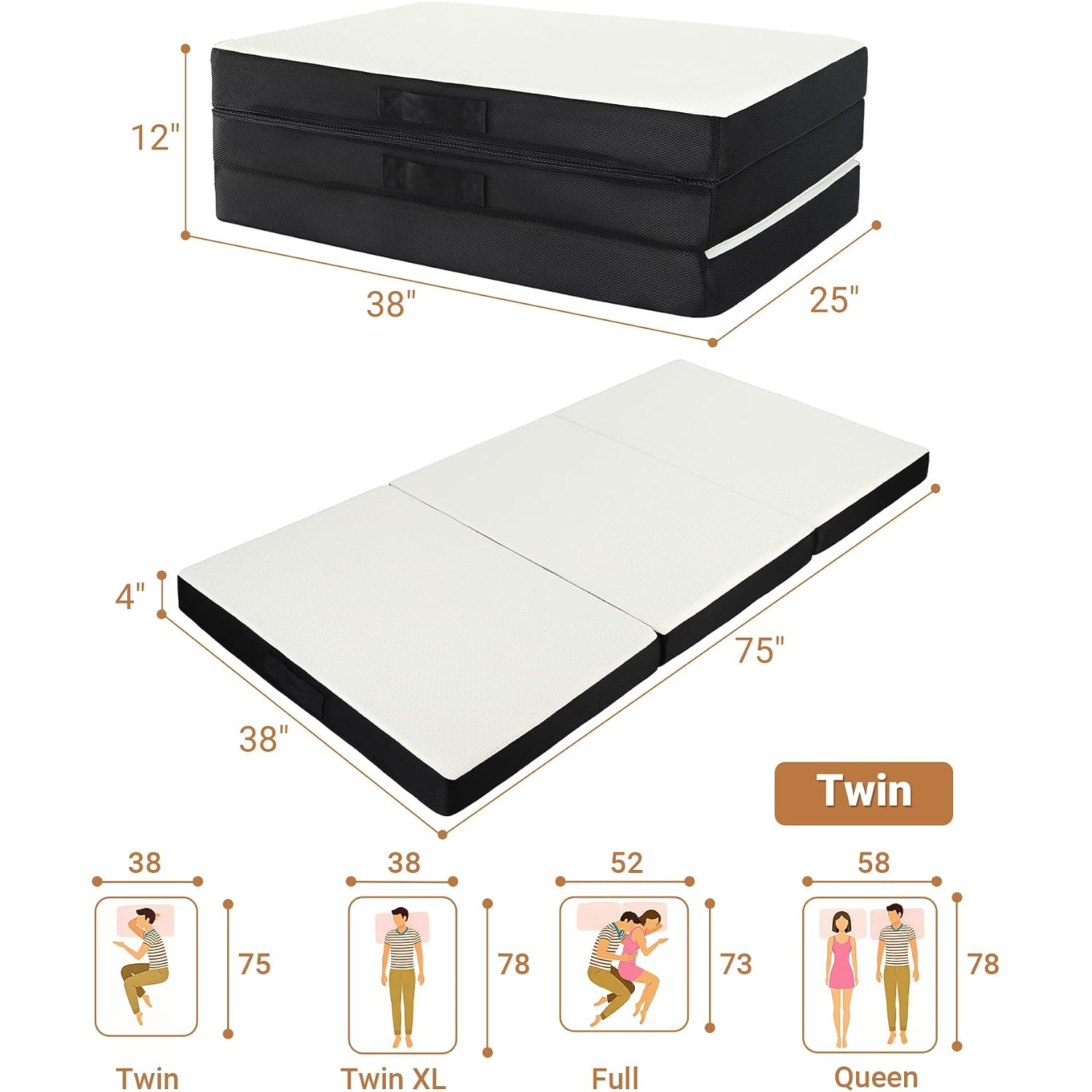 Foldable Mattress Twin Memory Foam Tri Folding Pad Washable, 75X38X4" White