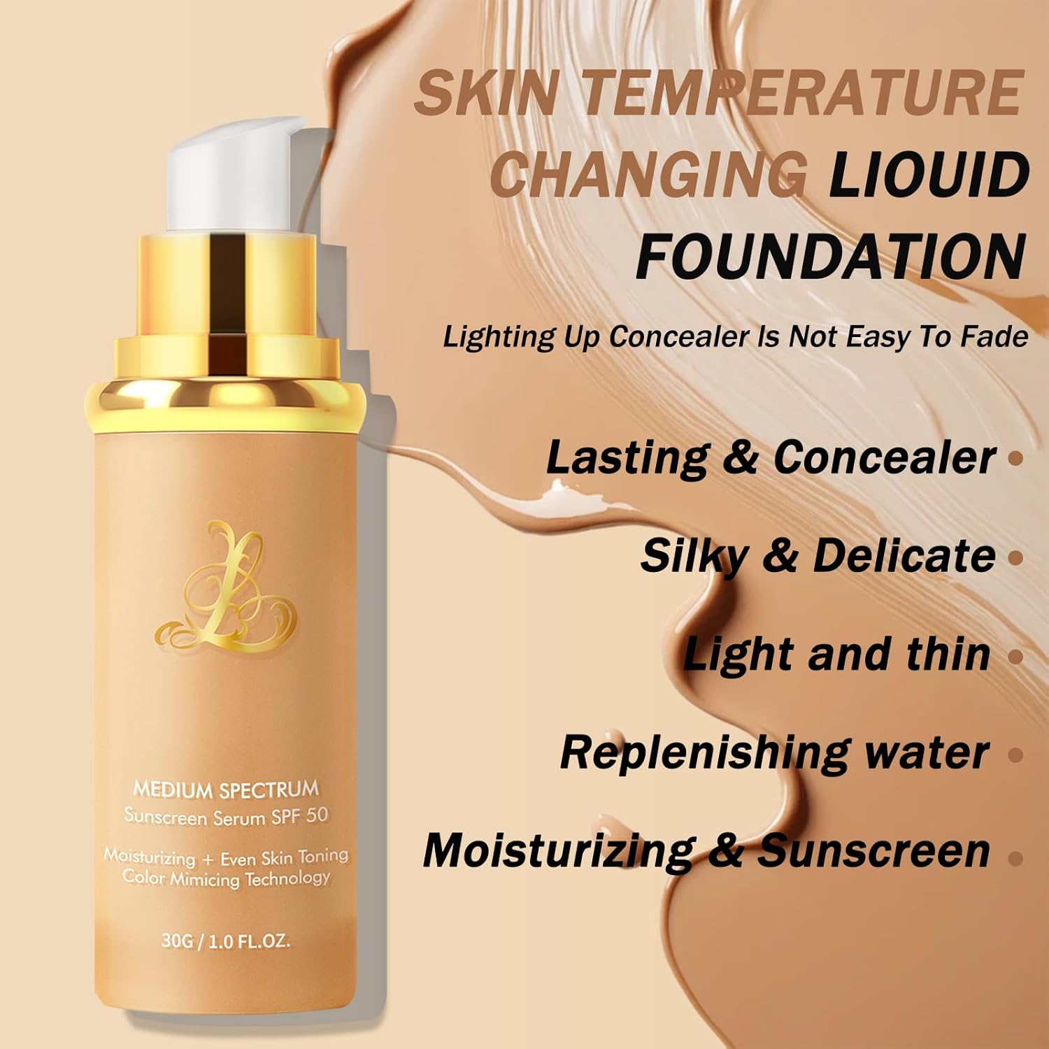 Foundation 4 in 1 - Medium Spectrum with SPF 50+, Color Changing Foundation, Hydrating Color Changing Foundation Makeup, Concealer, Sun Protection, Longwearing & Waterproof for All Skin Types