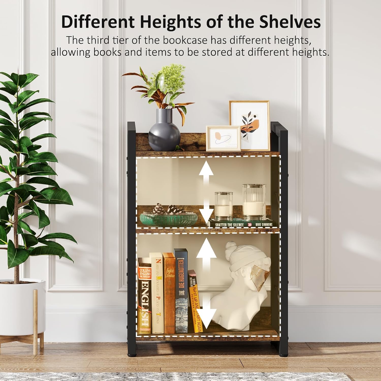 Book Shelf Small Bookshelf: 3-Tier Wood Bookcase Industrial Bookshelf With Edge Protection Metal Narrow Bookcase Storage Organizer Display Rack For Bedroom Home Office (Rustic Brown)