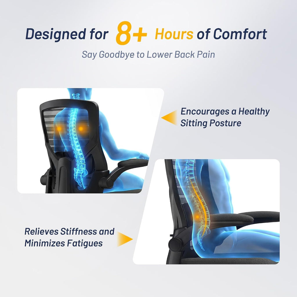 Office Desk Chair For Long Hours & Lower Back Pain Relief – 4“ Thick Molded Foam Cushion, Enhanced Lumbar Support, Padded Flip-Up Armrests, Ideal For Office Or Study, Black