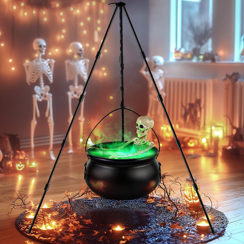 Halloween Decorations Outdoor - Large Witches Cauldron On Tripod With Cauldron Diffuserr And Big Skeleton - Black Plastic Cauldron Halloween Decor For Outside Yard Lawn Home Porch Door