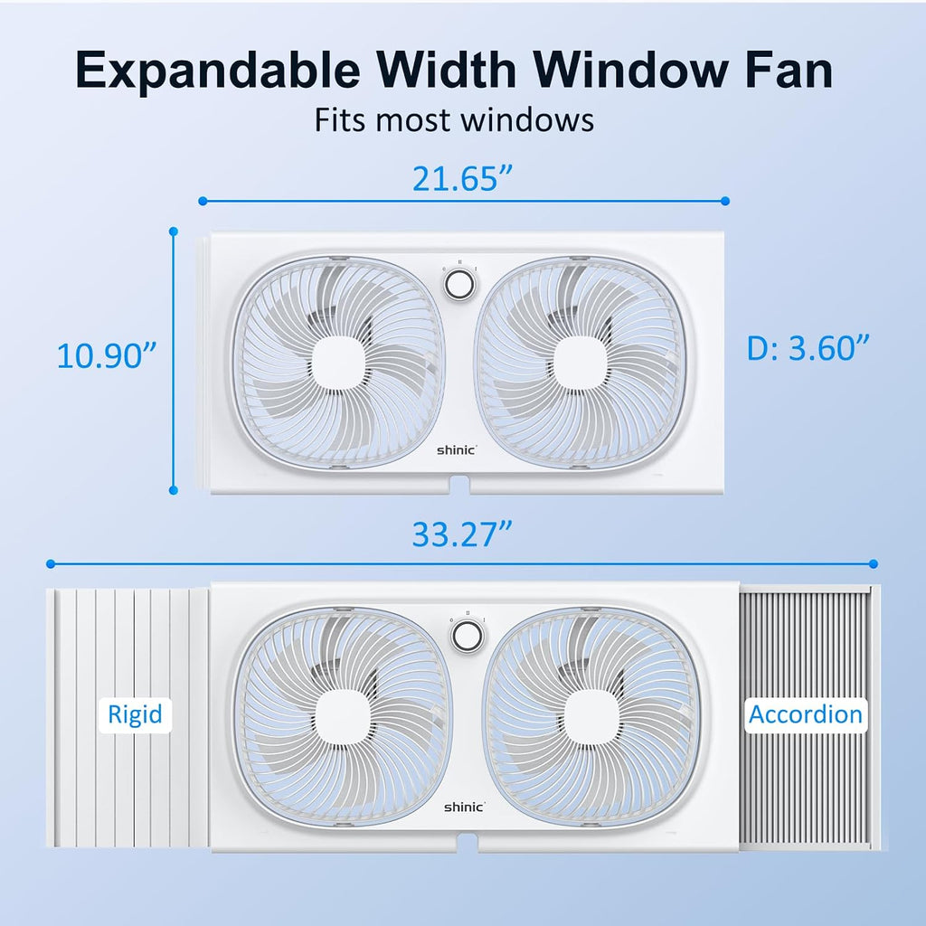 Shinic 3-Speeds Window Fan With 180°+90° Rotatable Fans, Manual Reversible, Vertical Window Fan With Rigid & Accordion Expanders, Width Adjustable (21.65" To 33.27"), Ideal For Home, Kitchen, Bedroom