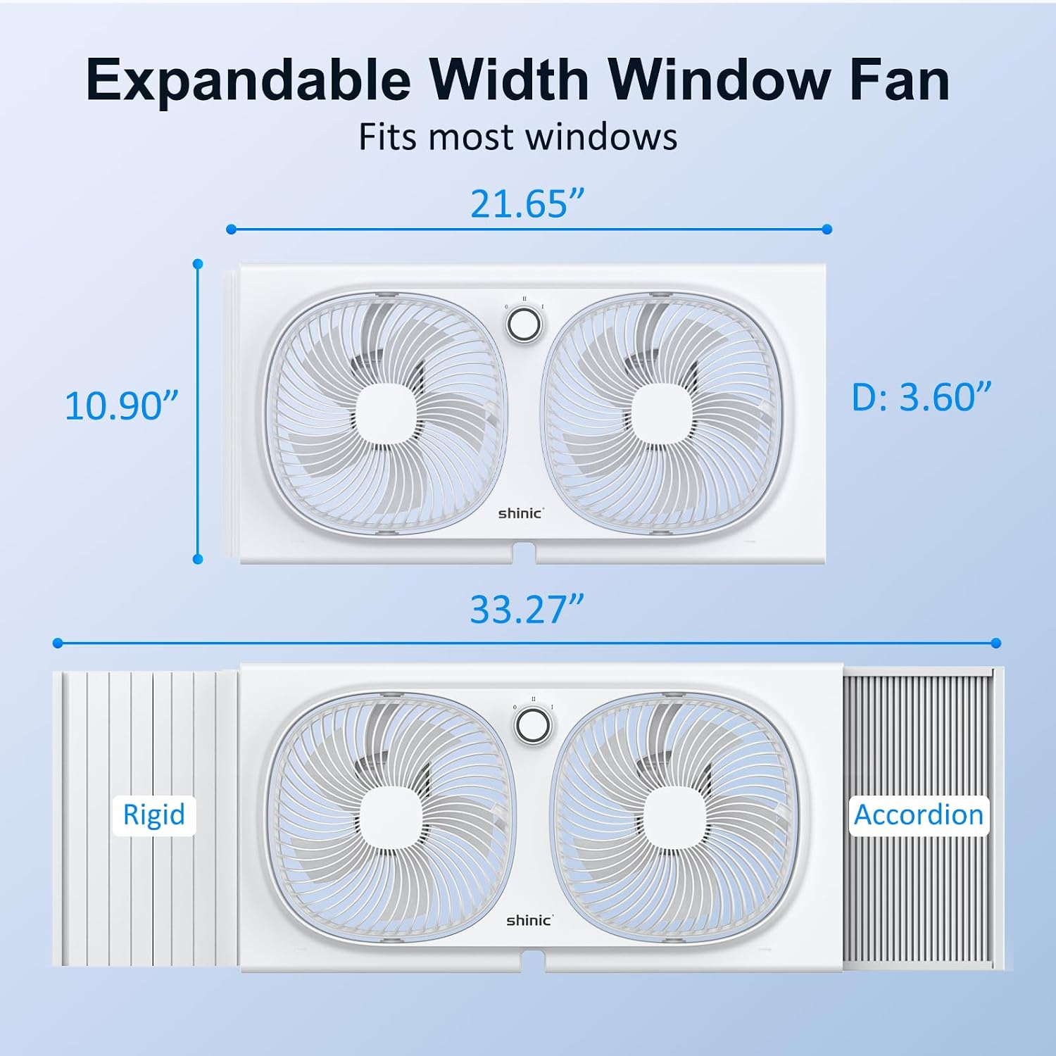 Shinic 3-Speeds Window Fan With 180°+90° Rotatable Fans, Manual Reversible, Vertical Window Fan With Rigid & Accordion Expanders, Width Adjustable (21.65" To 33.27"), Ideal For Home, Kitchen, Bedroom