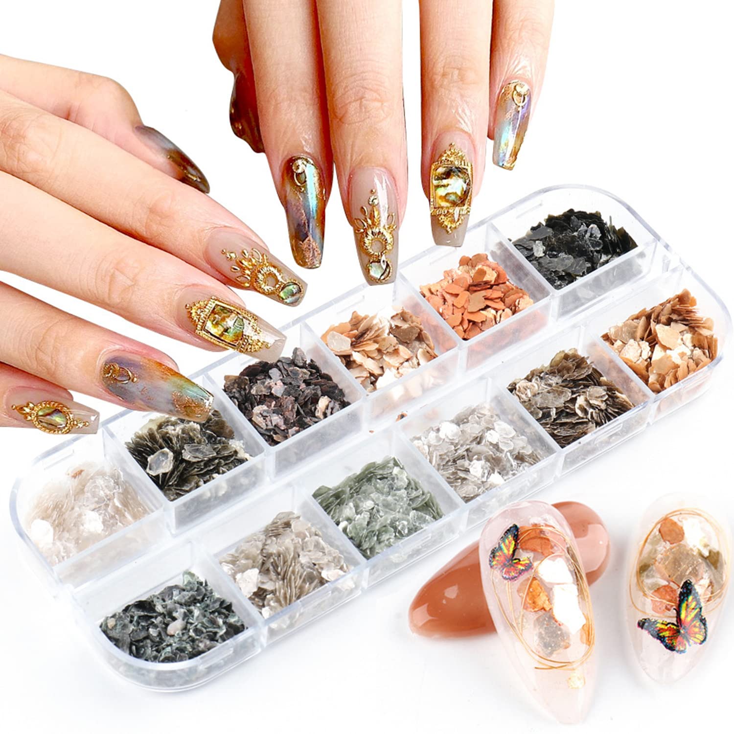 Mica Marble Nail Art Decorations, Holographic Japanese Style 3D Acrylic Nails Supplies Design, Mica Nail Art Glitter Slices UV Gel Marble Sequins Accessories for Women Girls Manicure Charms Decoration