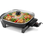 Elite Gourmet 12"X12"X2.15” Ceralast™ Pfas Free Ceramic Electric Skillet, Dishwasher Safe, Rapid Heat Up, 1200W, Dark Grey